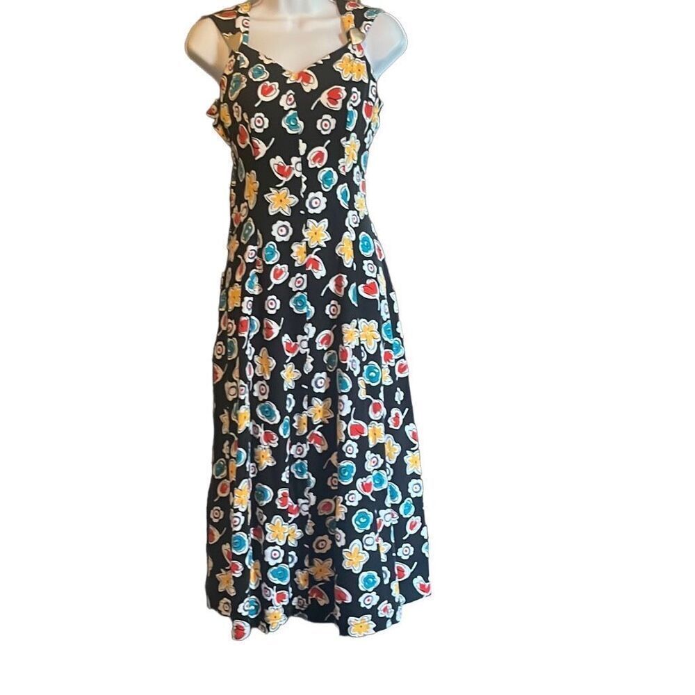 Joan Leslie Vintage Red Yellow Blue Floral Fit N Flare Midi Dress 4 Gold Buttons